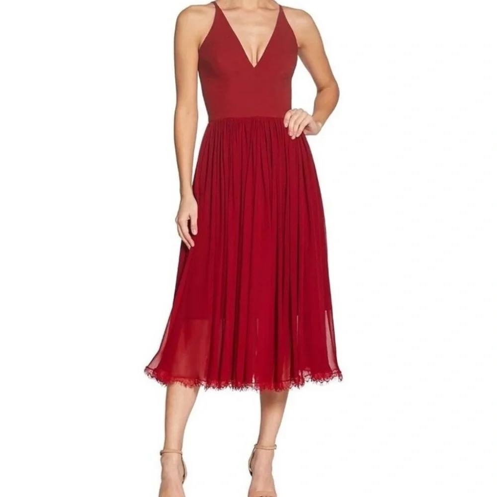 NWT Dress the Population Alicia Cocktail Midi Dress Mixed Media Chiffon Size L - Picture 1 of 10